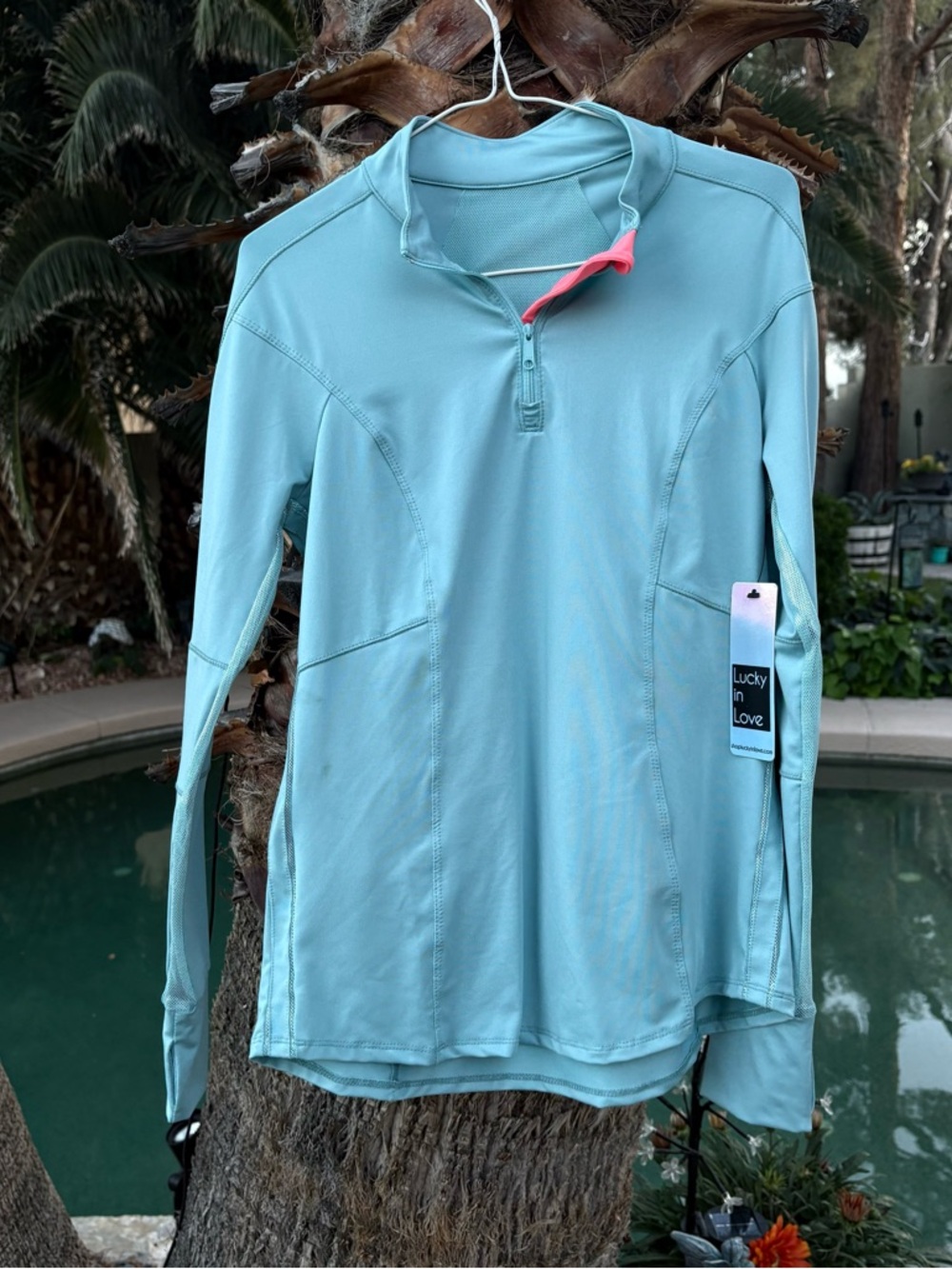 NWT Lucky in Love Light Aqua Quarter-Zip with Pink Zip Pull